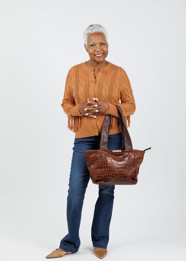 Whisper by Brodie Hazel Fringe Cardigan in Camel paired with MAC Dream Boot Cut Jeans 32" Denim available at Barbara Katz