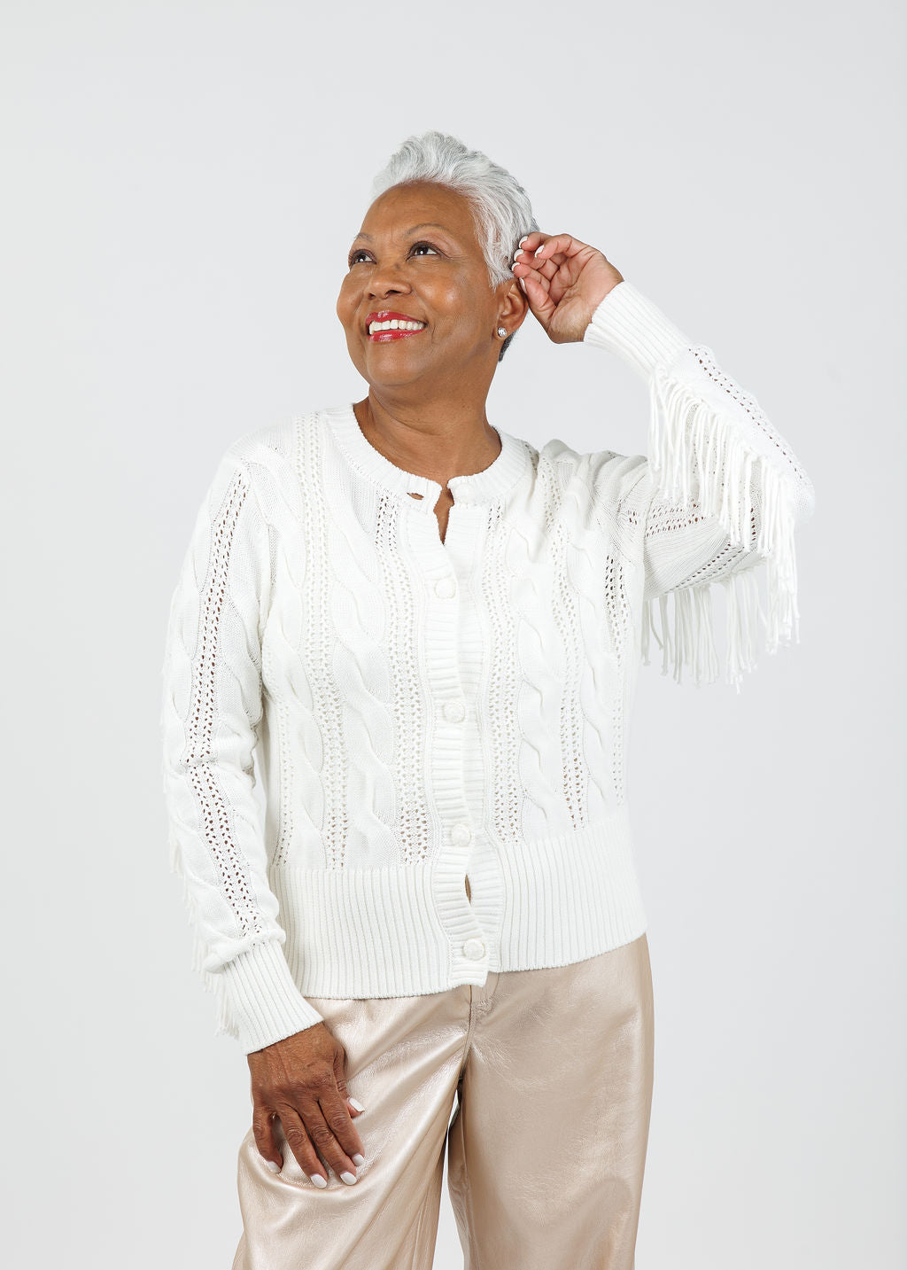Whisper by Brodie Hazel Fringe Cardigan in Ivory available at Barbara Katz