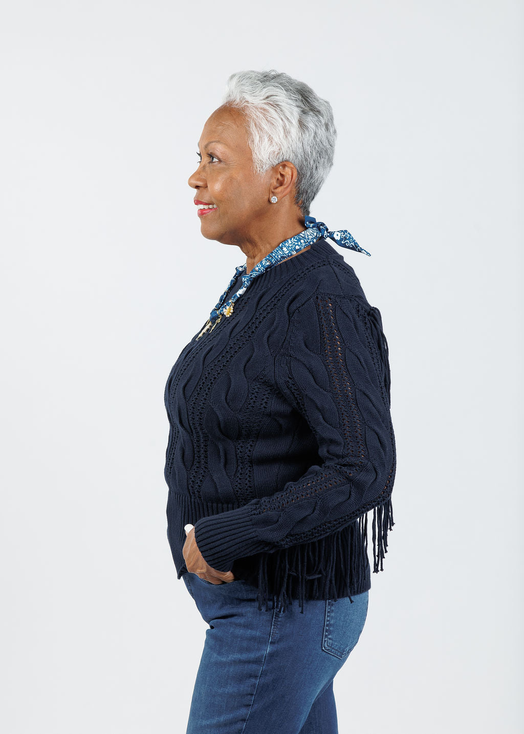 Whisper by Brodie Hazel Fringe Crew Sweater in Navy available at Barbara Katz