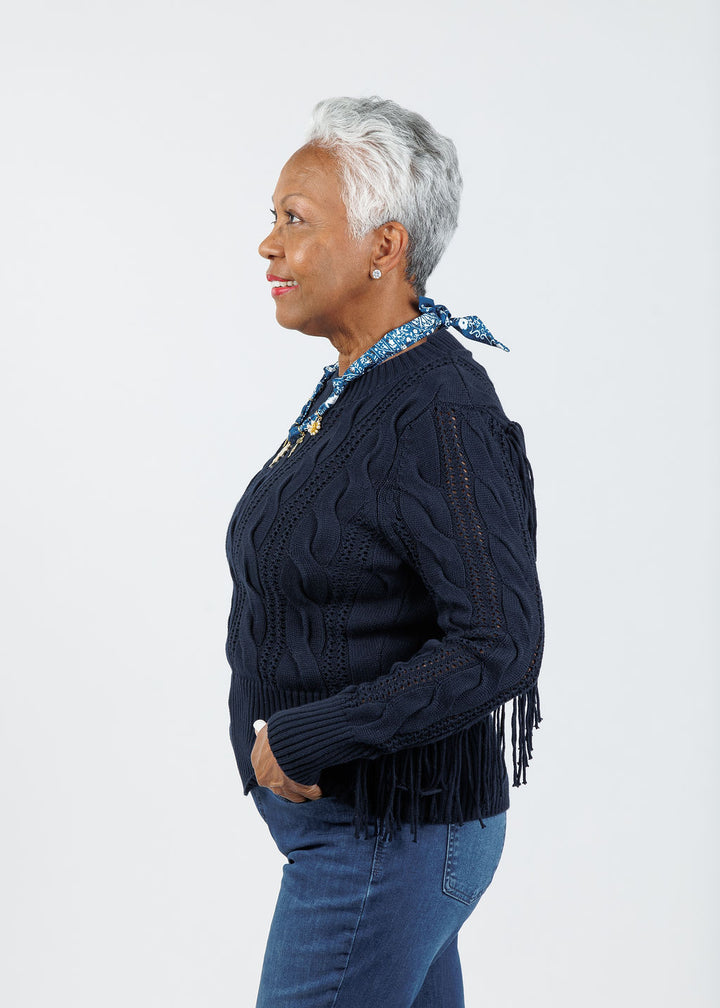 Whisper by Brodie Hazel Fringe Crew Sweater in Navy available at Barbara Katz