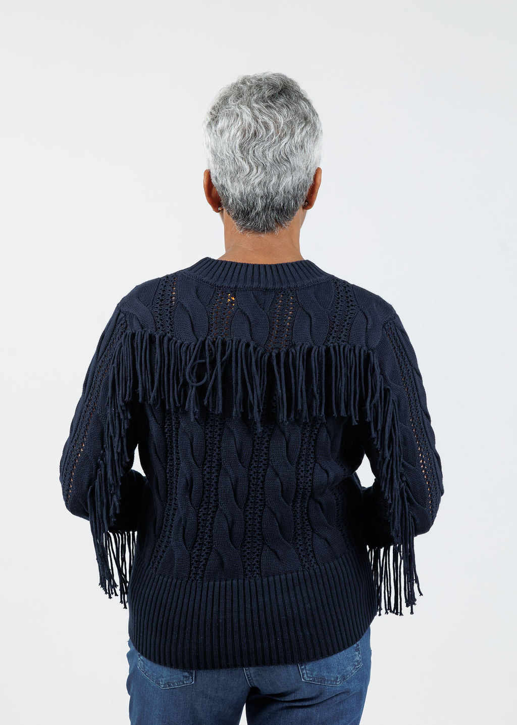 Whisper by Brodie Hazel Fringe Crew Sweater in Navy available at Barbara Katz