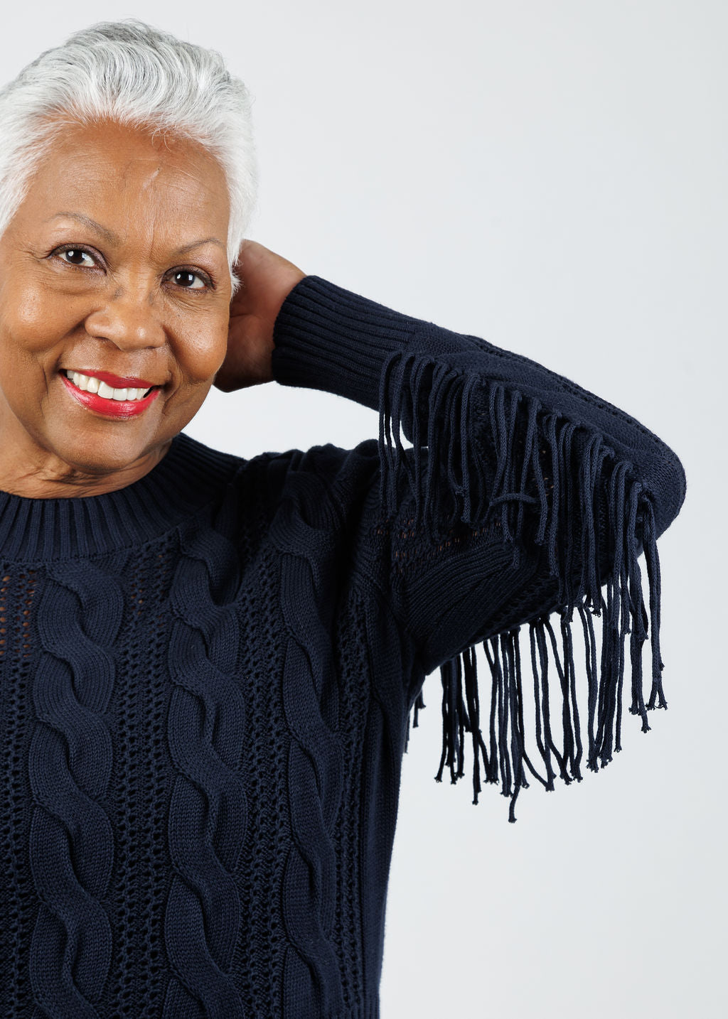 Whisper by Brodie Hazel Fringe Crew Sweater in Navy available at Barbara Katz