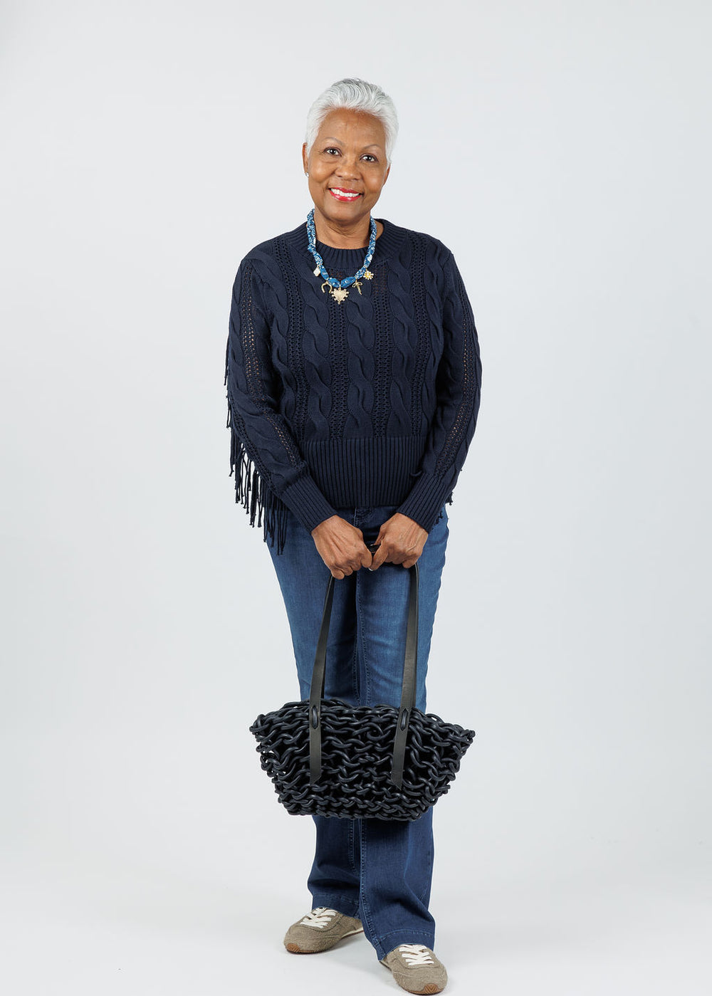 Whisper by Brodie Hazel Fringe Crew Sweater in Navy paired with MAC Dream Boot Cut Jeans 32" Denim available at Barbara Katz