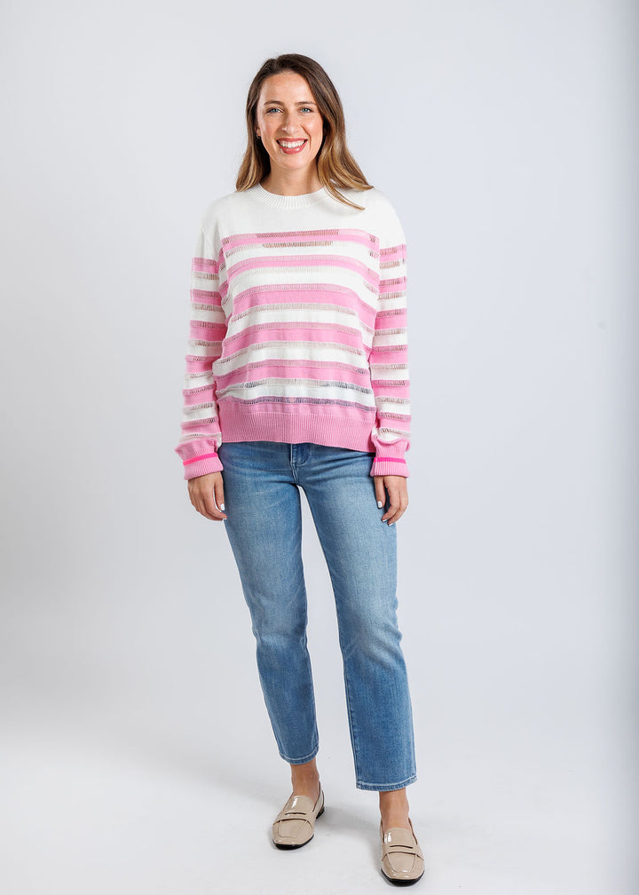 Whisper by Brodie June Beach Stripe Crew Sweater in Sweet Pink paired with Pistola Denim Monroe Crop Jeans in Hill available at Barbara Katz