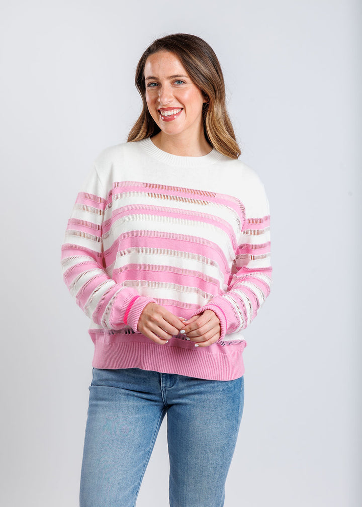 Whisper by Brodie June Beach Stripe Crew Sweater in Sweet Pink available at Barbara Katz