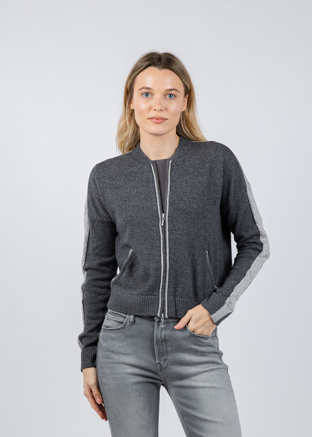 Whisper by Brodie Luxe Bomber Jacket in Derby Grey available at Barbara Katz