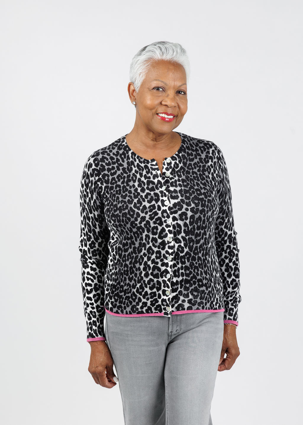 Whisper by Brodie Lydia Leopard Cardigan in Ivory/Silver available at Barbara Katz