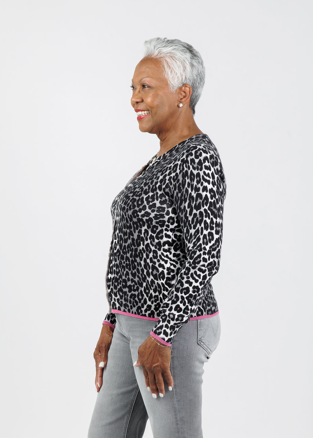 Whisper by Brodie Lydia Leopard Cardigan in Ivory/Silver available at Barbara Katz