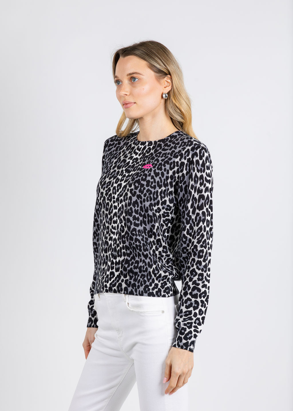 Whisper by Brodie Lydia Leopard Crew Sweater - Ivory/Silver