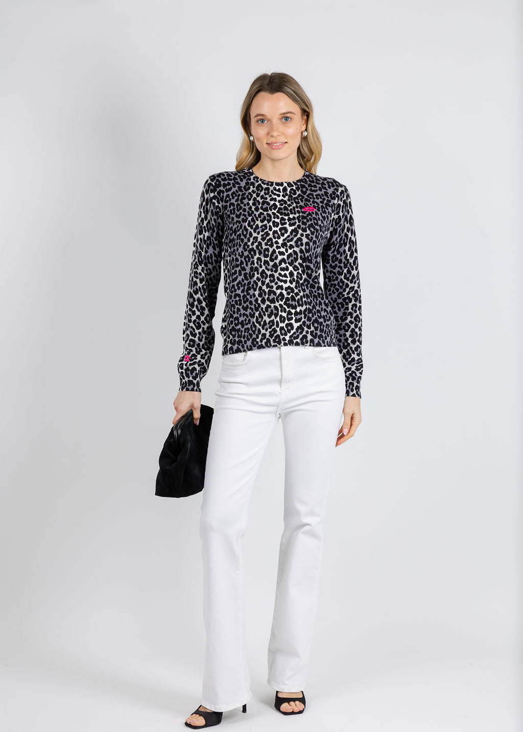 Whisper by Brodie Lydia Leopard Crew Sweater - Ivory/Silver