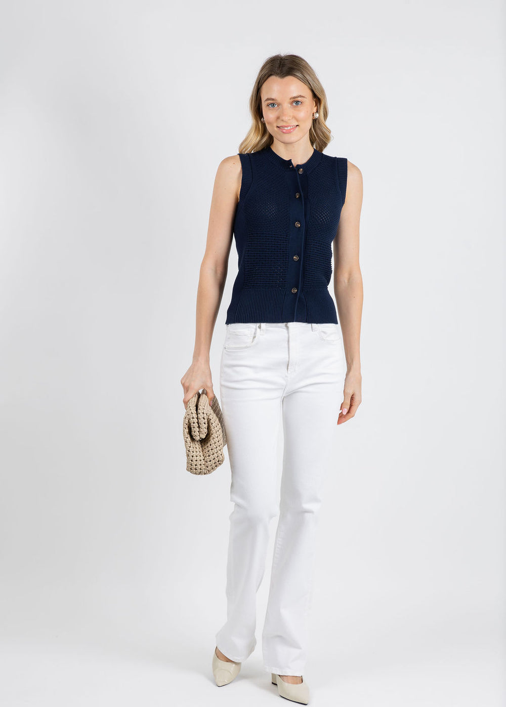 Whisper by Brodie Mix Pointelle Tank Top in Navy available at Barbara Katz