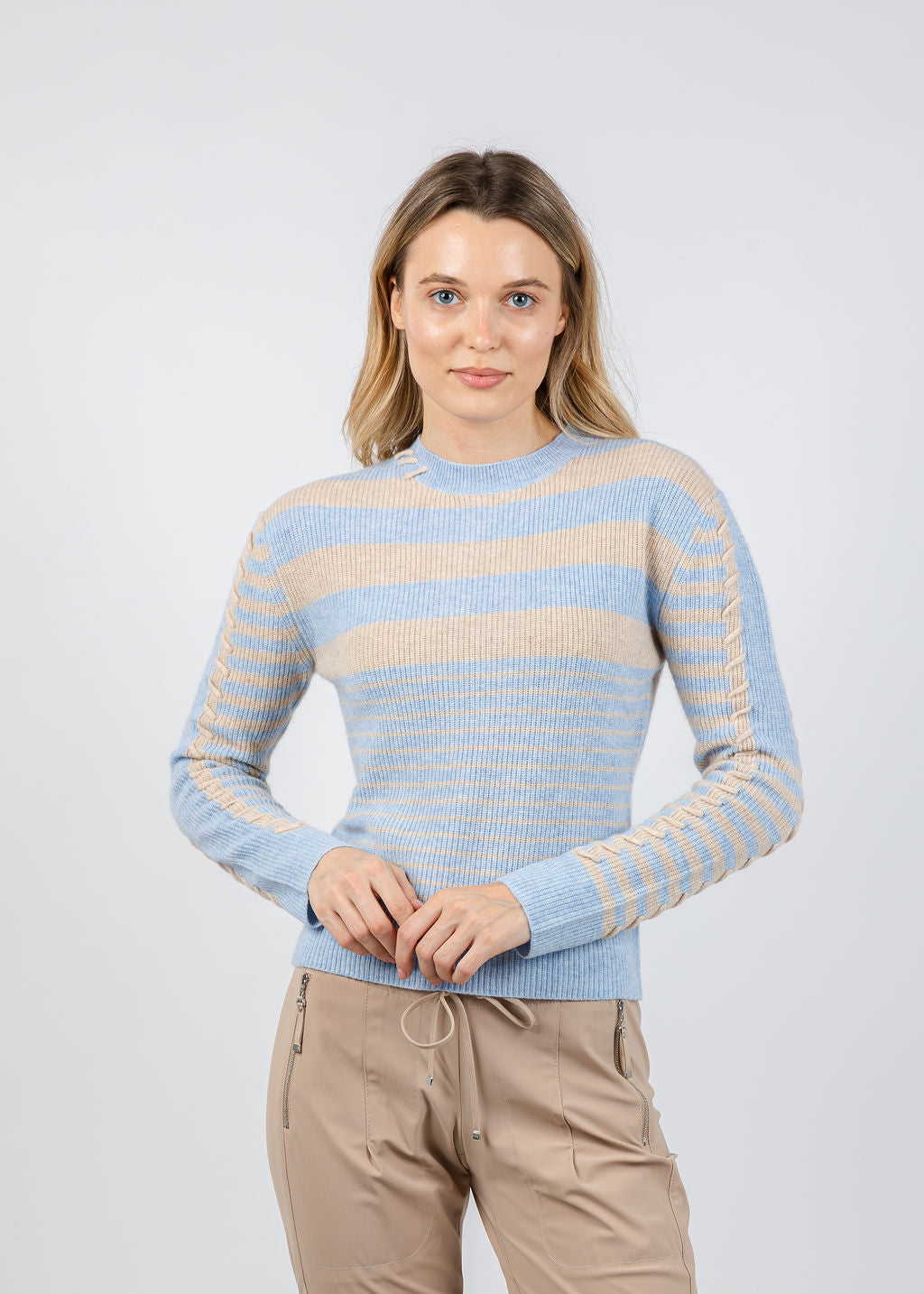 Whisper by Brodie Mix Stripe Crew Sweater in Blue Mist/Cygnet available at Barbara Katz