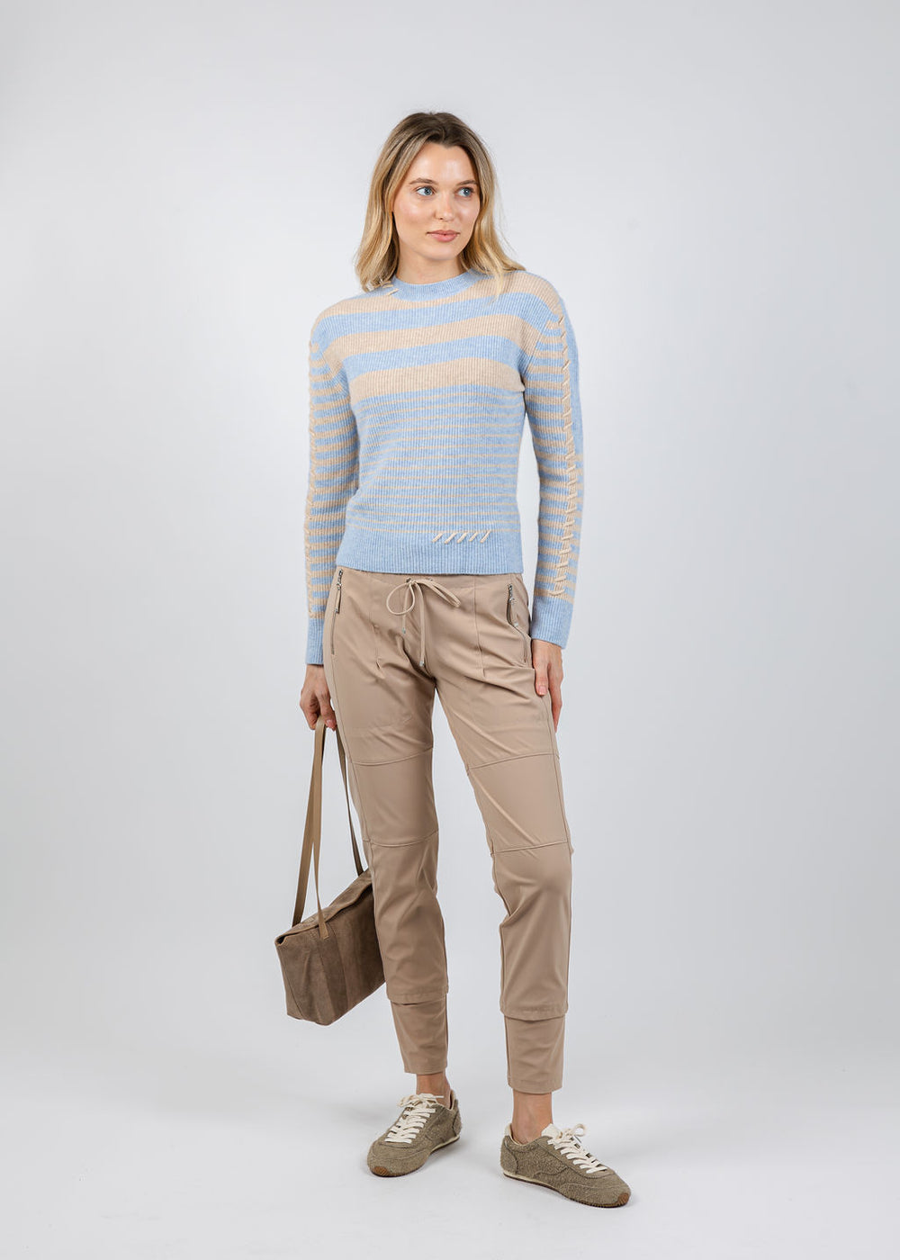Whisper by Brodie Mix Stripe Crew Sweater in Blue Mist/Cygnet available at Barbara Katz