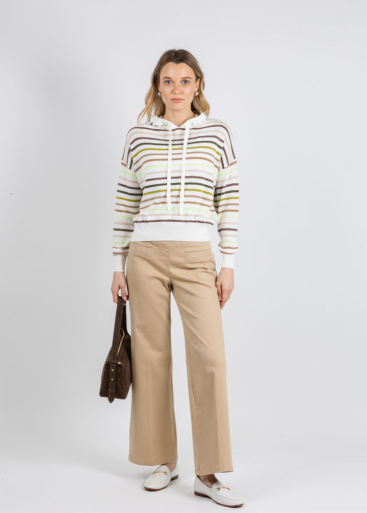 Whisper by Brodie Multi Stripe Hoodie in Ivory/Rainbow Stripes paired with Elliott Lauren 29" Modern Twill Wide Leg Pants in Camel available at Barbara Katz