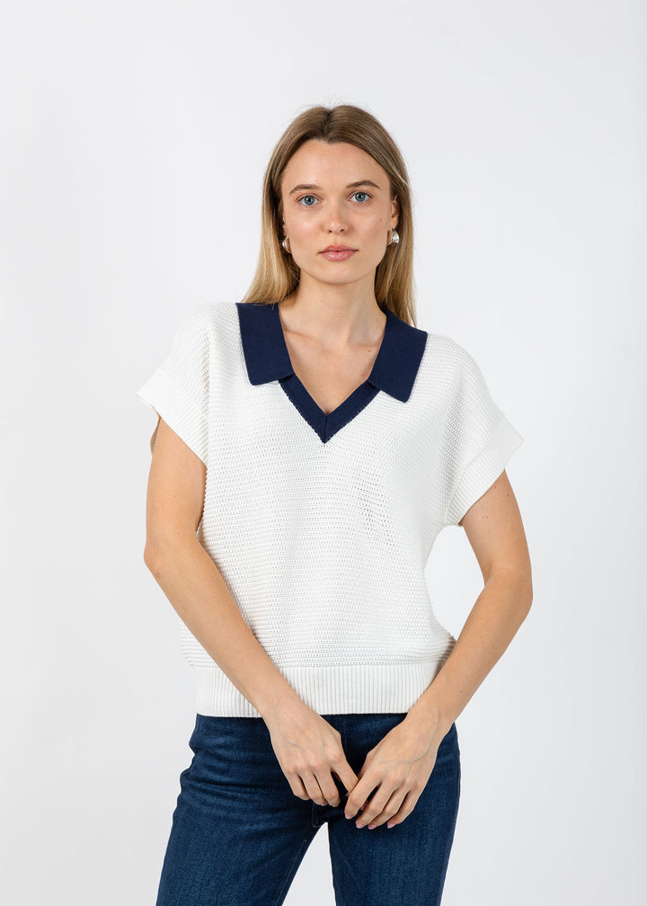 Whisper by Brodie Rippled V-Neck Vest in Ivory/Navy available at Barbara Katz