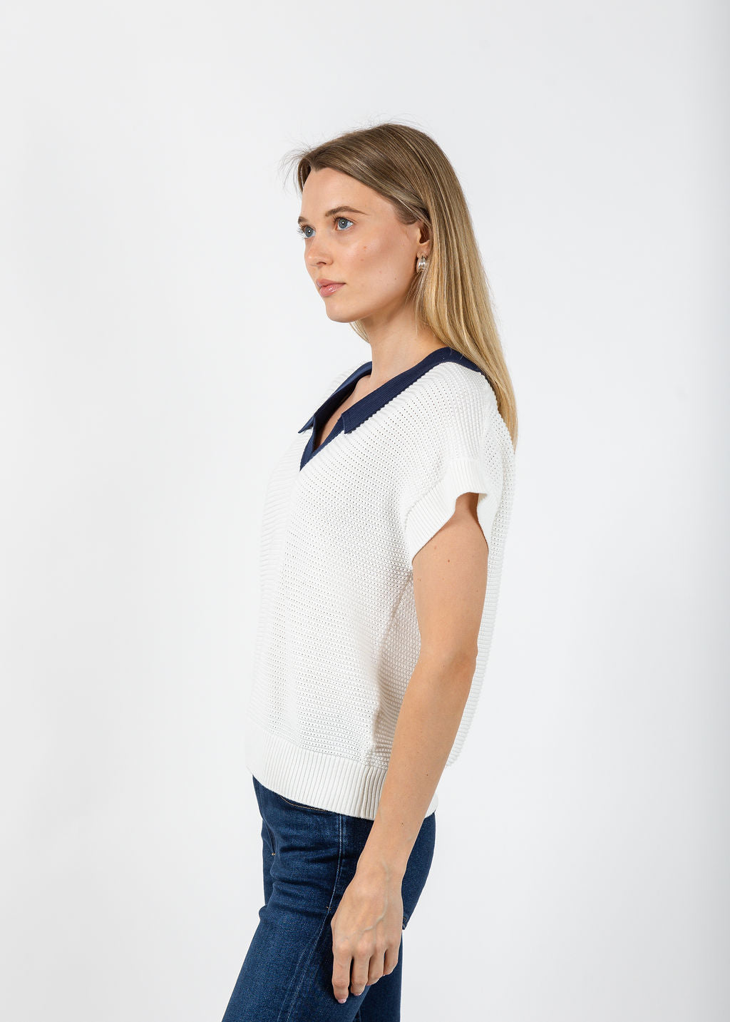 Whisper by Brodie Rippled V-Neck Vest in Ivory/Navy available at Barbara Katz