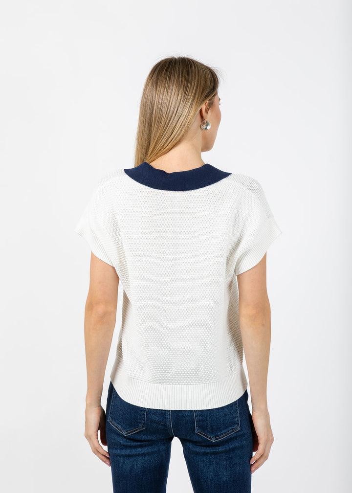 Whisper by Brodie Rippled V-Neck Vest in Ivory/Navy available at Barbara Katz