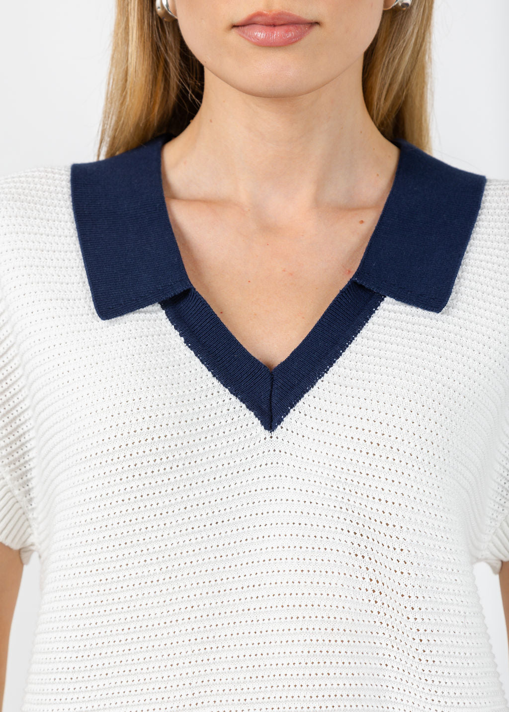 Whisper by Brodie Rippled V-Neck Vest in Ivory/Navy available at Barbara Katz