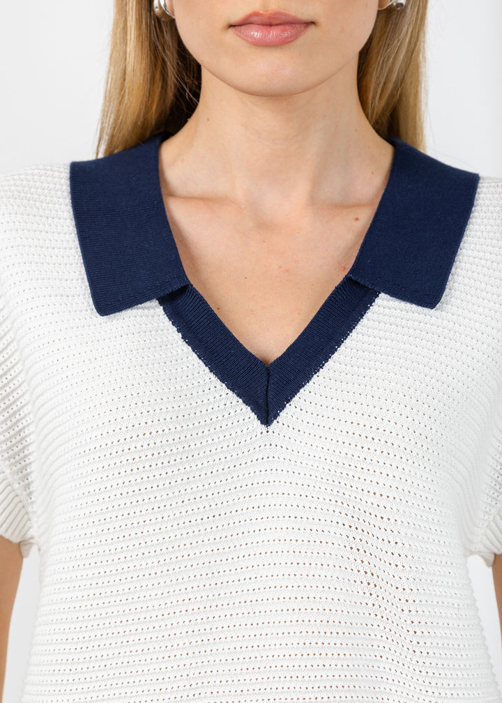 Whisper by Brodie Rippled V-Neck Vest in Ivory/Navy available at Barbara Katz