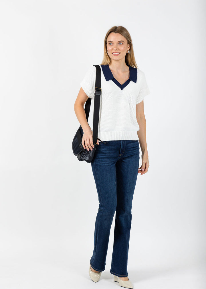 Whisper by Brodie Rippled V-Neck Vest in Ivory/Navy available at Barbara Katz