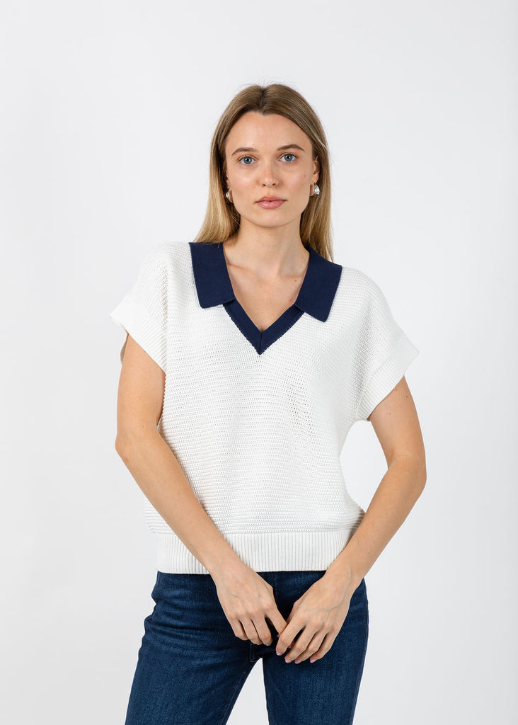 Whisper by Brodie Rippled V-Neck Vest - Ivory/Navy – Barbara Katz