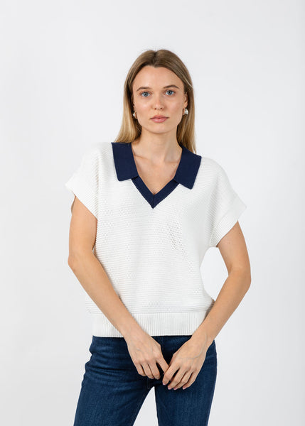 Whisper by Brodie Rippled V-Neck Vest - Ivory/Navy – Barbara Katz