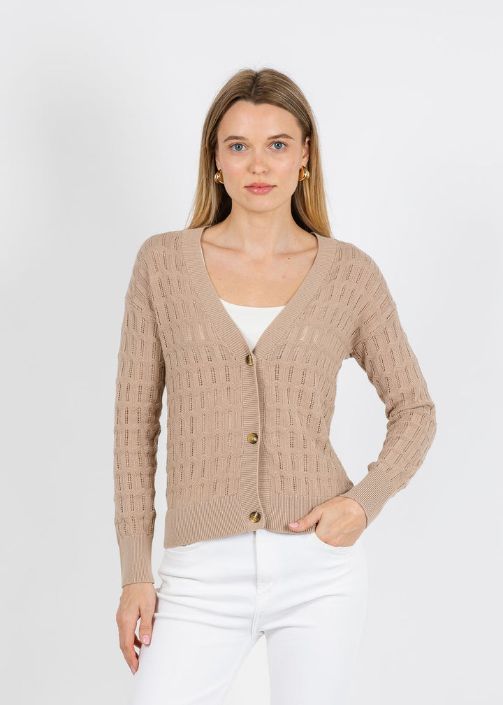 Whisper by Brodie Scallop Trim Pretty Cardigan in Light Brown available at Barbara Katz