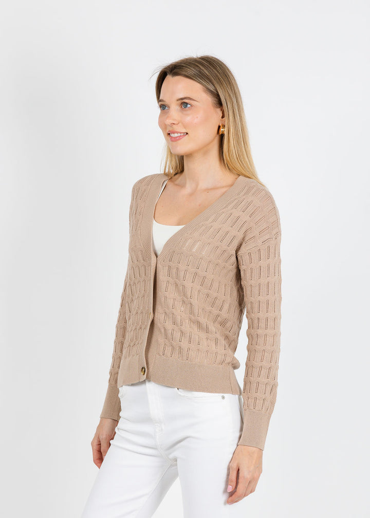 Whisper by Brodie Scallop Trim Pretty Cardigan in Light Brown available at Barbara Katz