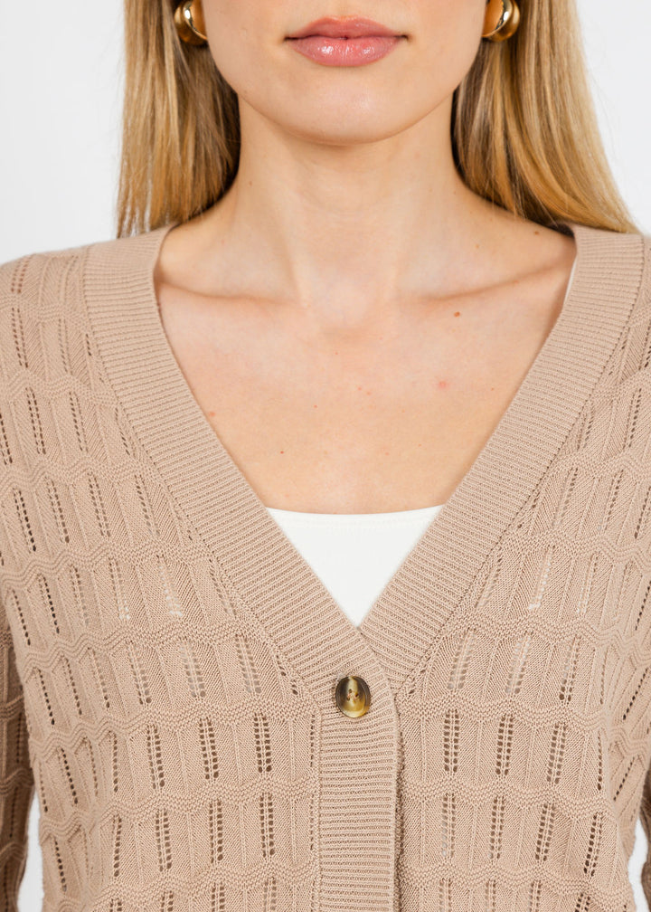 Whisper by Brodie Scallop Trim Pretty Cardigan in Light Brown available at Barbara Katz