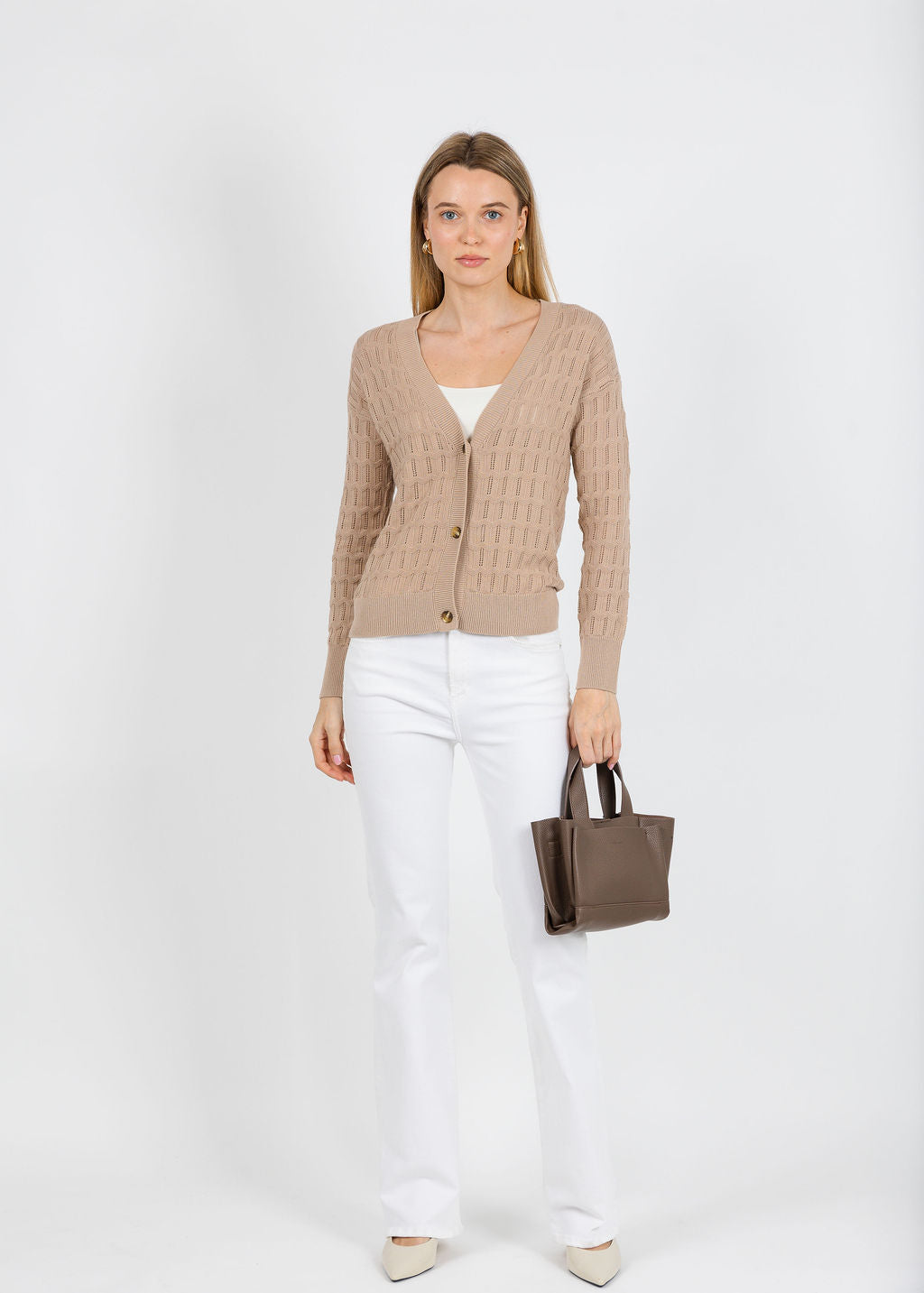 Whisper by Brodie Scallop Trim Pretty Cardigan in Light Brown available at Barbara Katz