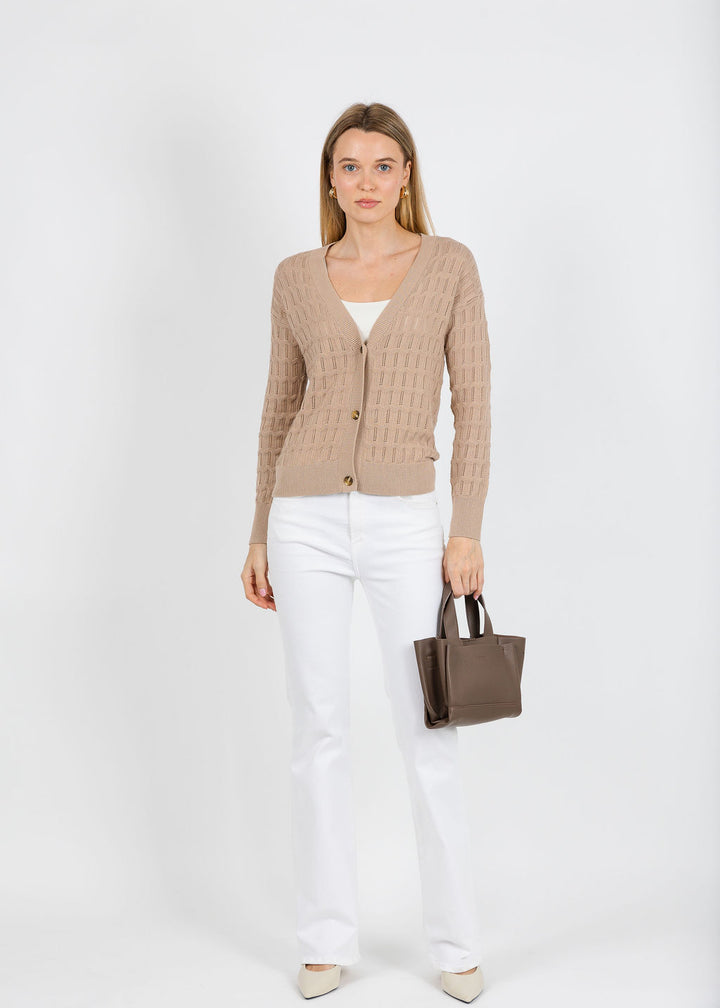 Whisper by Brodie Scallop Trim Pretty Cardigan in Light Brown available at Barbara Katz