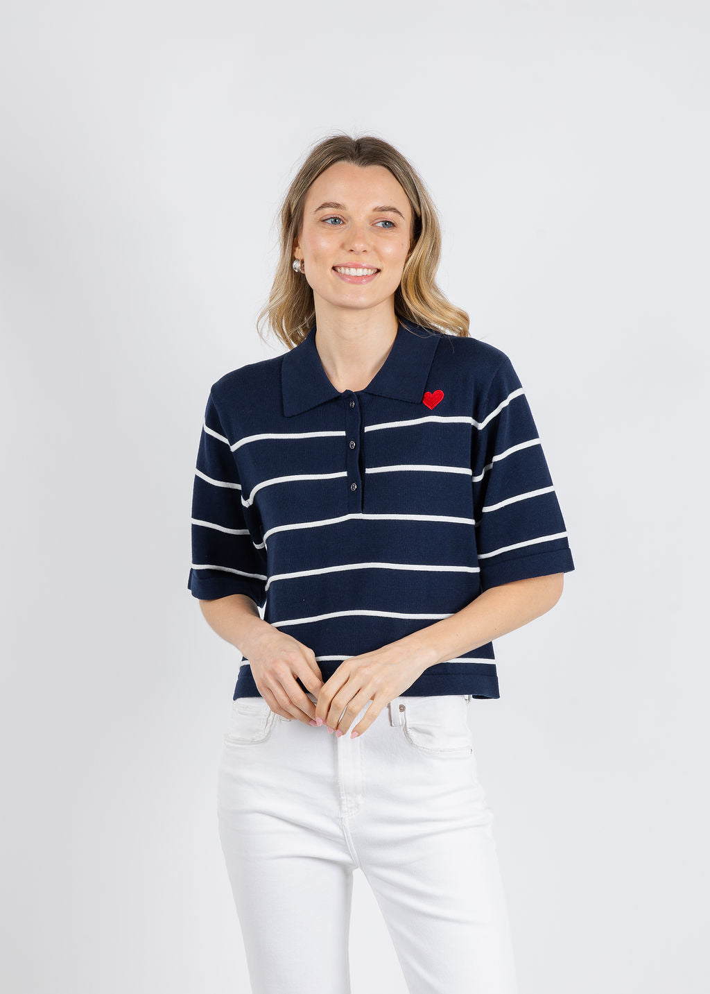Whisper by Brodie Stripe Button Up Polo in Navy/Ivory/Red available at Barbara Katz