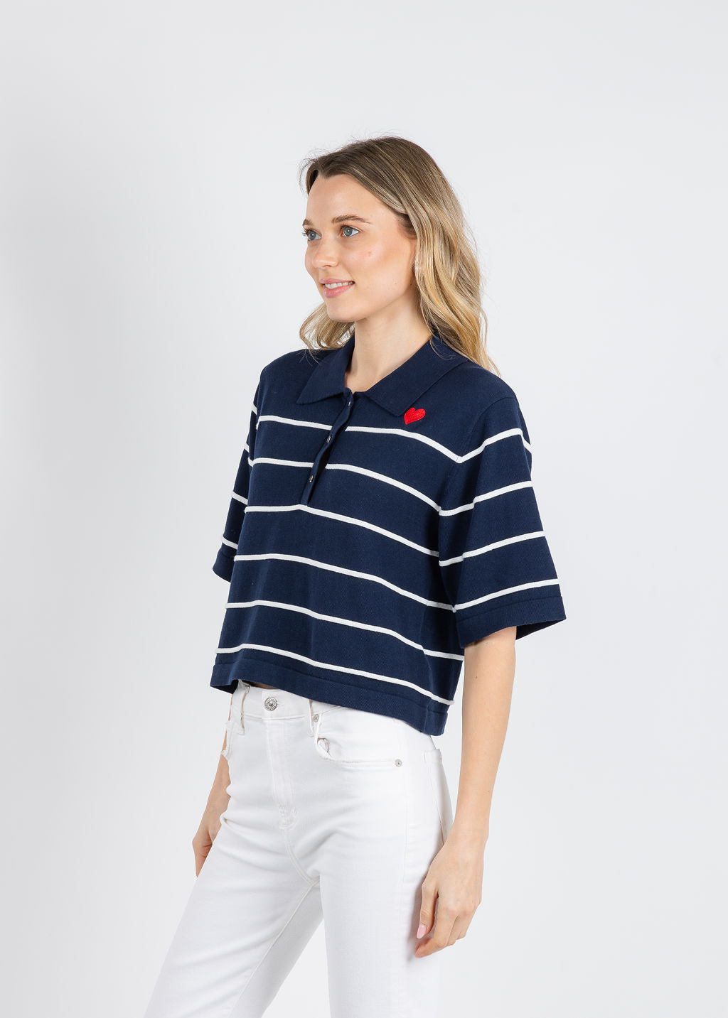 Whisper by Brodie Stripe Button Up Polo in Navy/Ivory/Red available at Barbara Katz