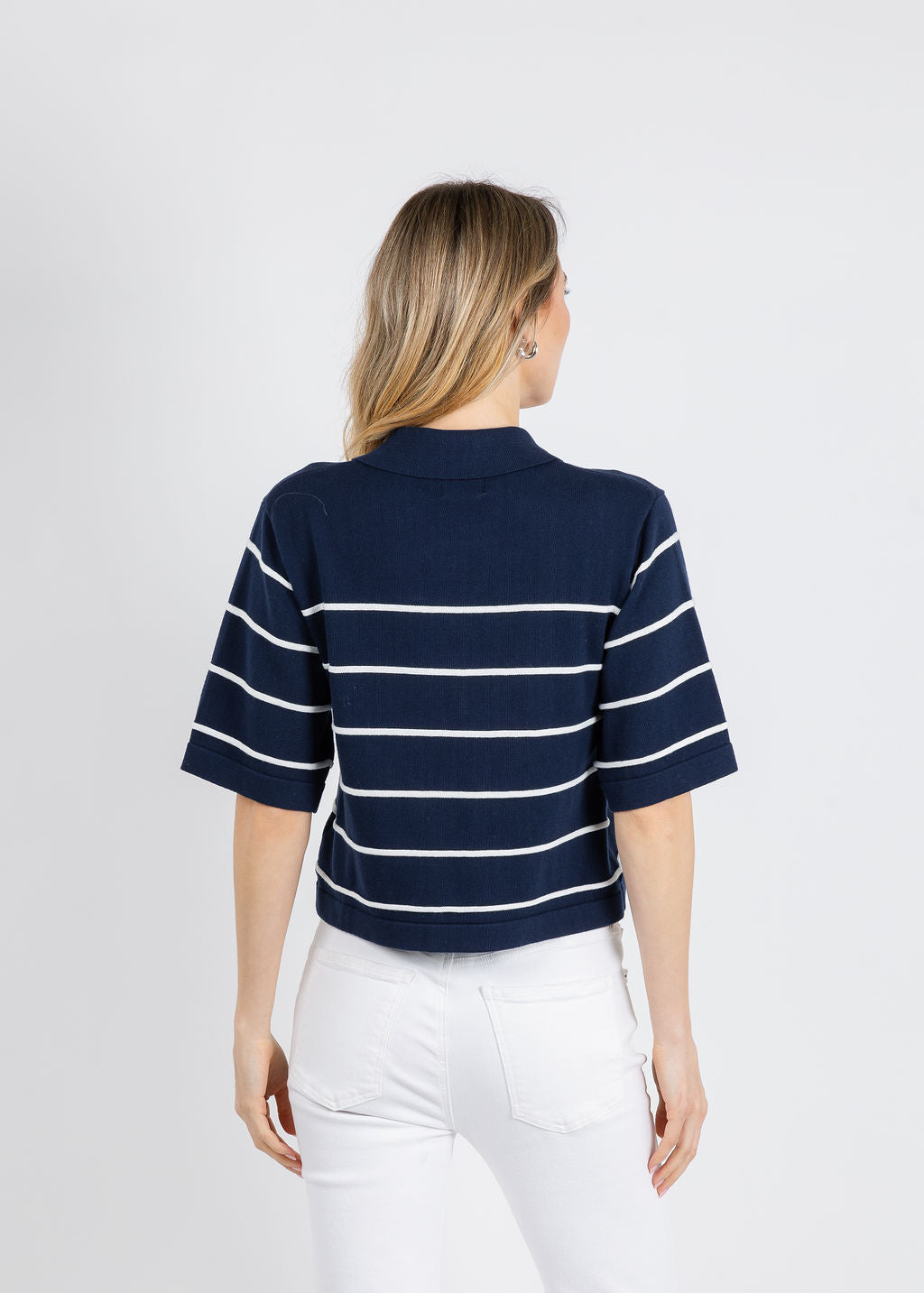 Whisper by Brodie Stripe Button Up Polo in Navy/Ivory/Red available at Barbara Katz