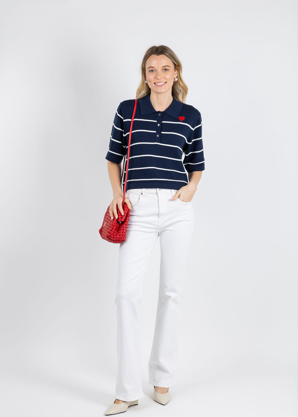 Whisper by Brodie Stripe Button Up Polo in Navy/Ivory/Red available at Barbara Katz