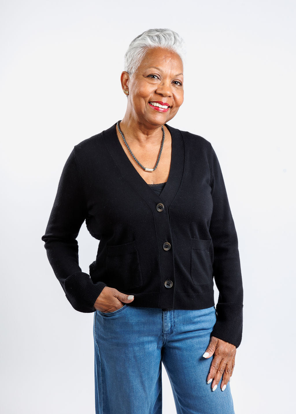 Whisper by Brodie Tiffany Floral Pointelle Back Cardigan in Coal available at Barbara Katz