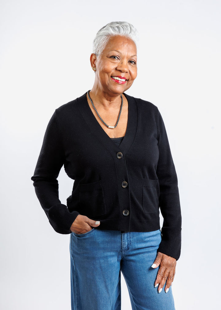 Whisper by Brodie Tiffany Floral Pointelle Back Cardigan in Coal available at Barbara Katz