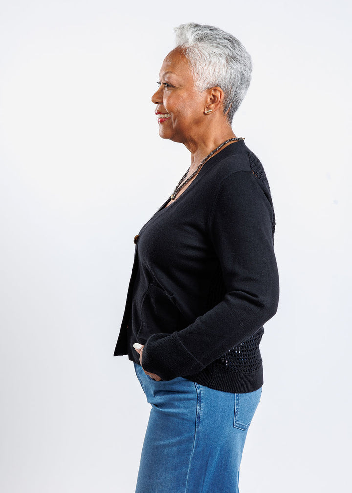 Whisper by Brodie Tiffany Floral Pointelle Back Cardigan in Coal available at Barbara Katz