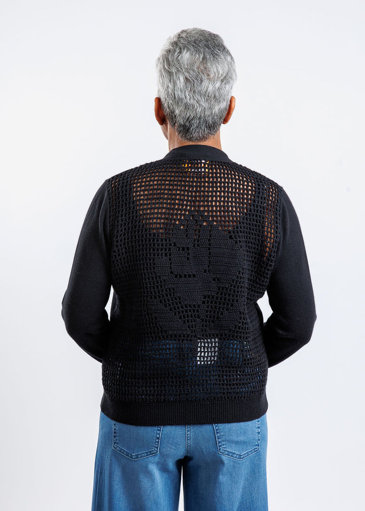 Whisper by Brodie Tiffany Floral Pointelle Back Cardigan in Coal available at Barbara Katz