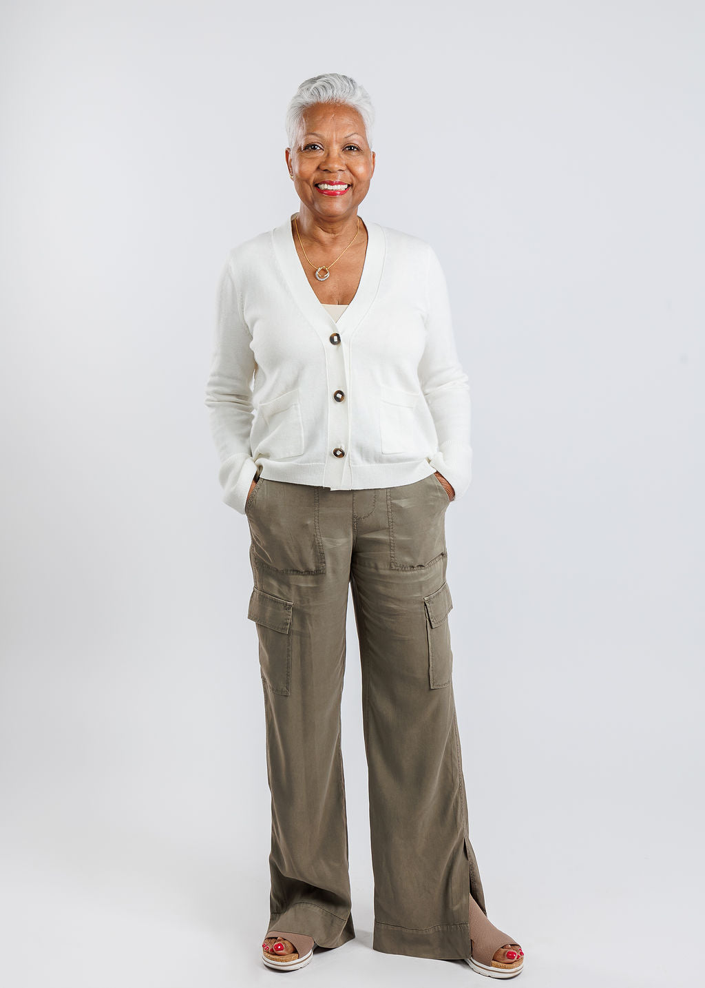Whisper by Brodie Tiffany Floral Pointelle Back Cardigan in Ice Water paired with Marrakech Caracas Stretch Cupro Wide Leg Cargo Pants in Oak available at Barbara Katz
