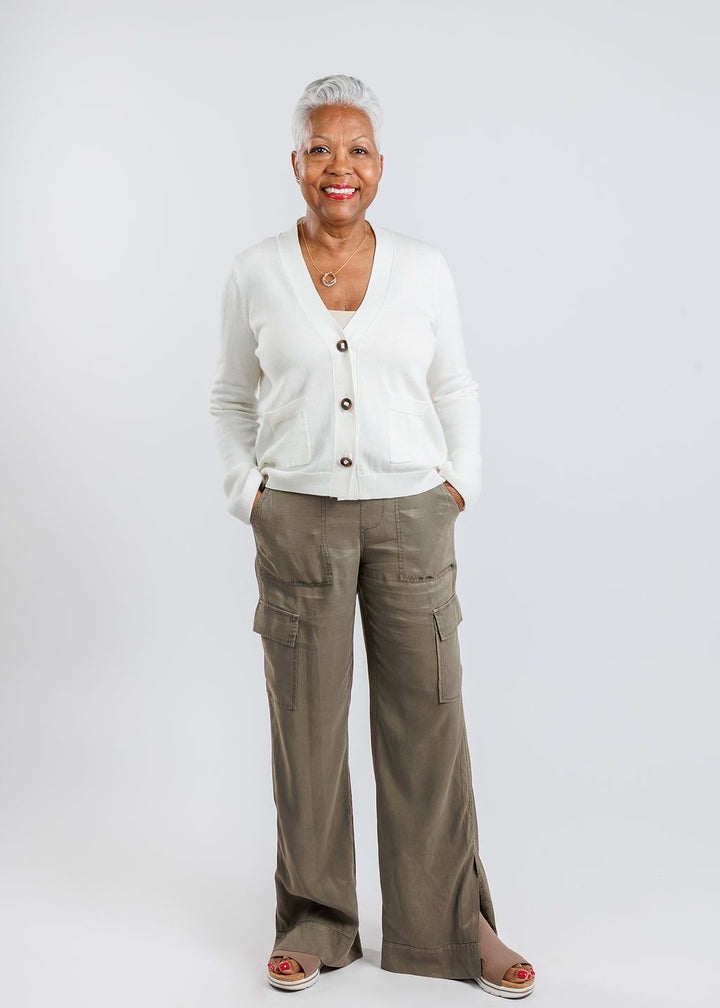 Whisper by Brodie Tiffany Floral Pointelle Back Cardigan in Ice Water paired with Marrakech Caracas Stretch Cupro Wide Leg Cargo Pants in Oak available at Barbara Katz