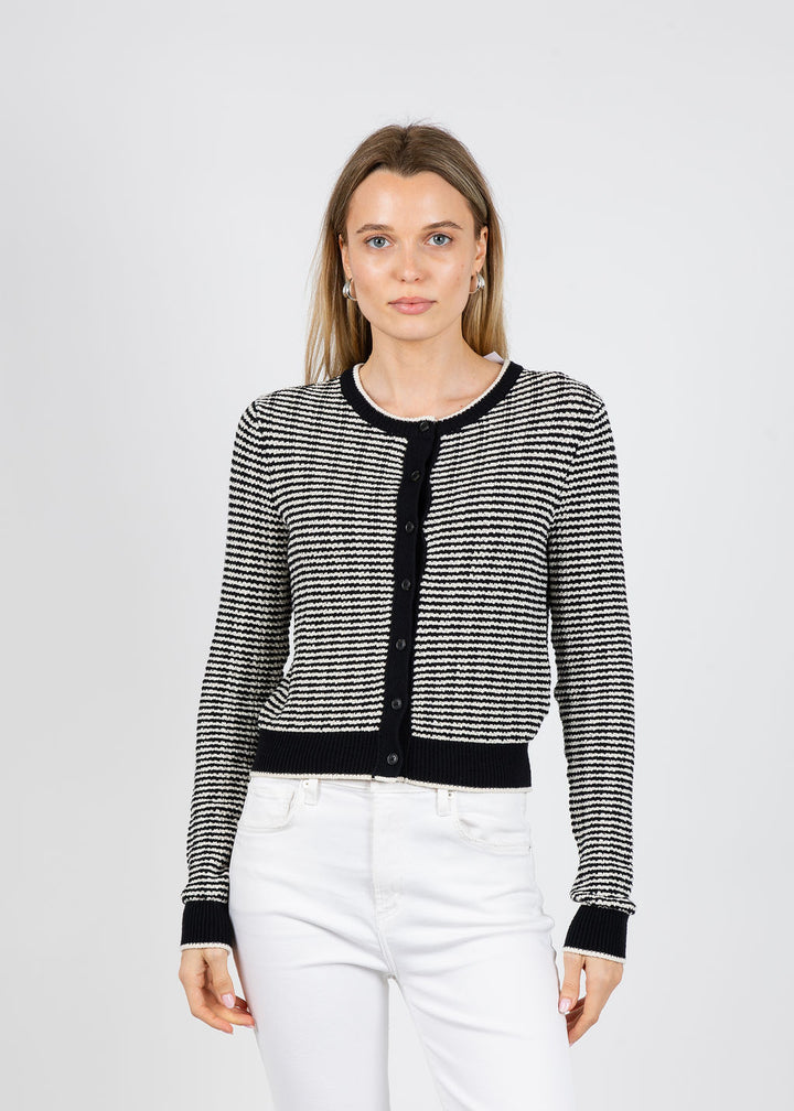 White & Warren Boucle Cardigan in Midnight/Ivory Stripe available at Barbara Katz