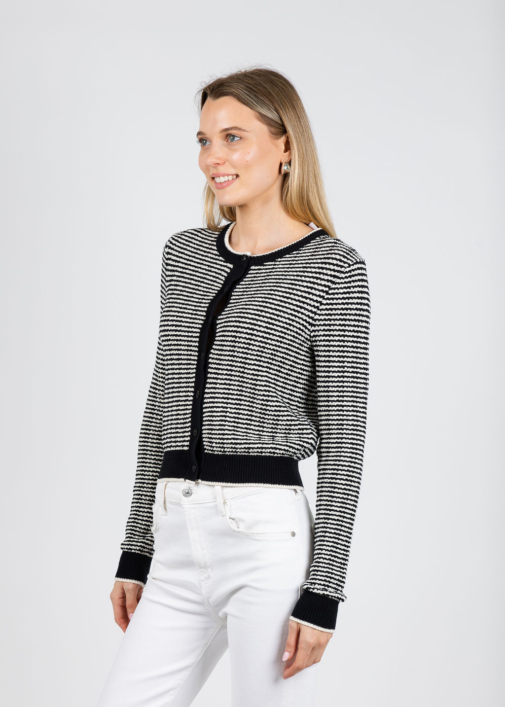 White & Warren Boucle Cardigan in Midnight/Ivory Stripe available at Barbara Katz