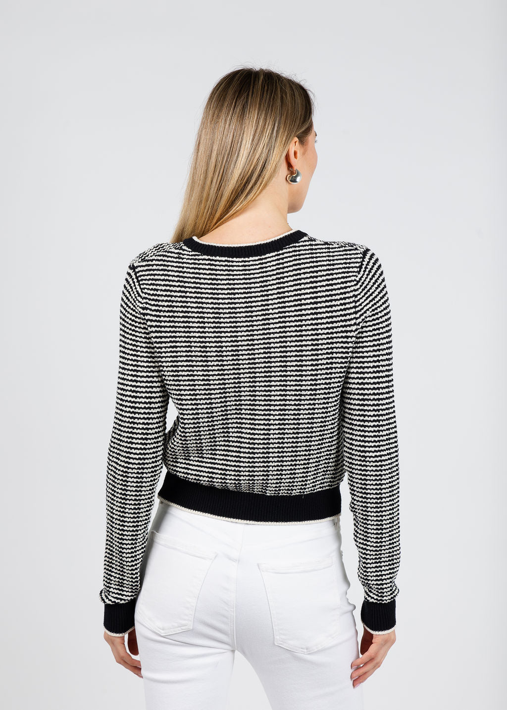 White & Warren Boucle Cardigan in Midnight/Ivory Stripe available at Barbara Katz