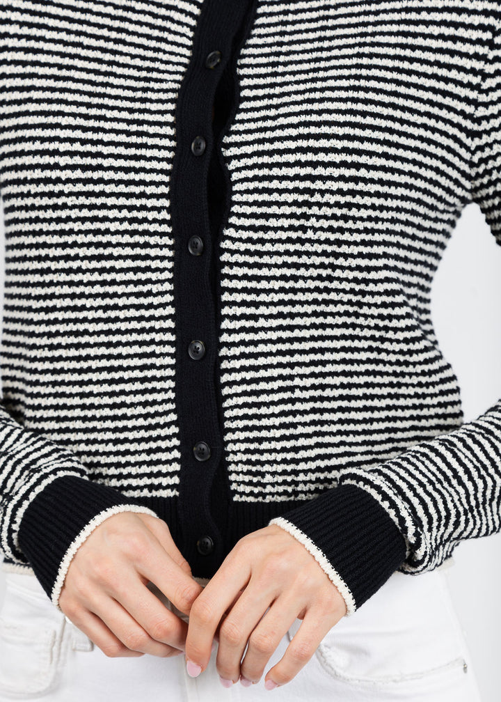 White & Warren Boucle Cardigan in Midnight/Ivory Stripe available at Barbara Katz