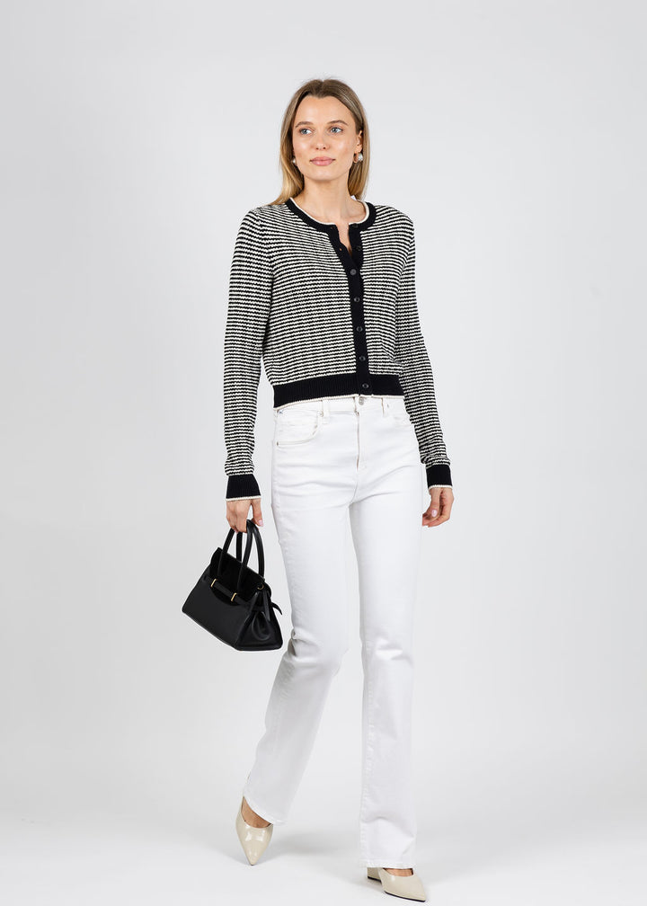 White & Warren Boucle Cardigan in Midnight/Ivory Stripe available at Barbara Katz