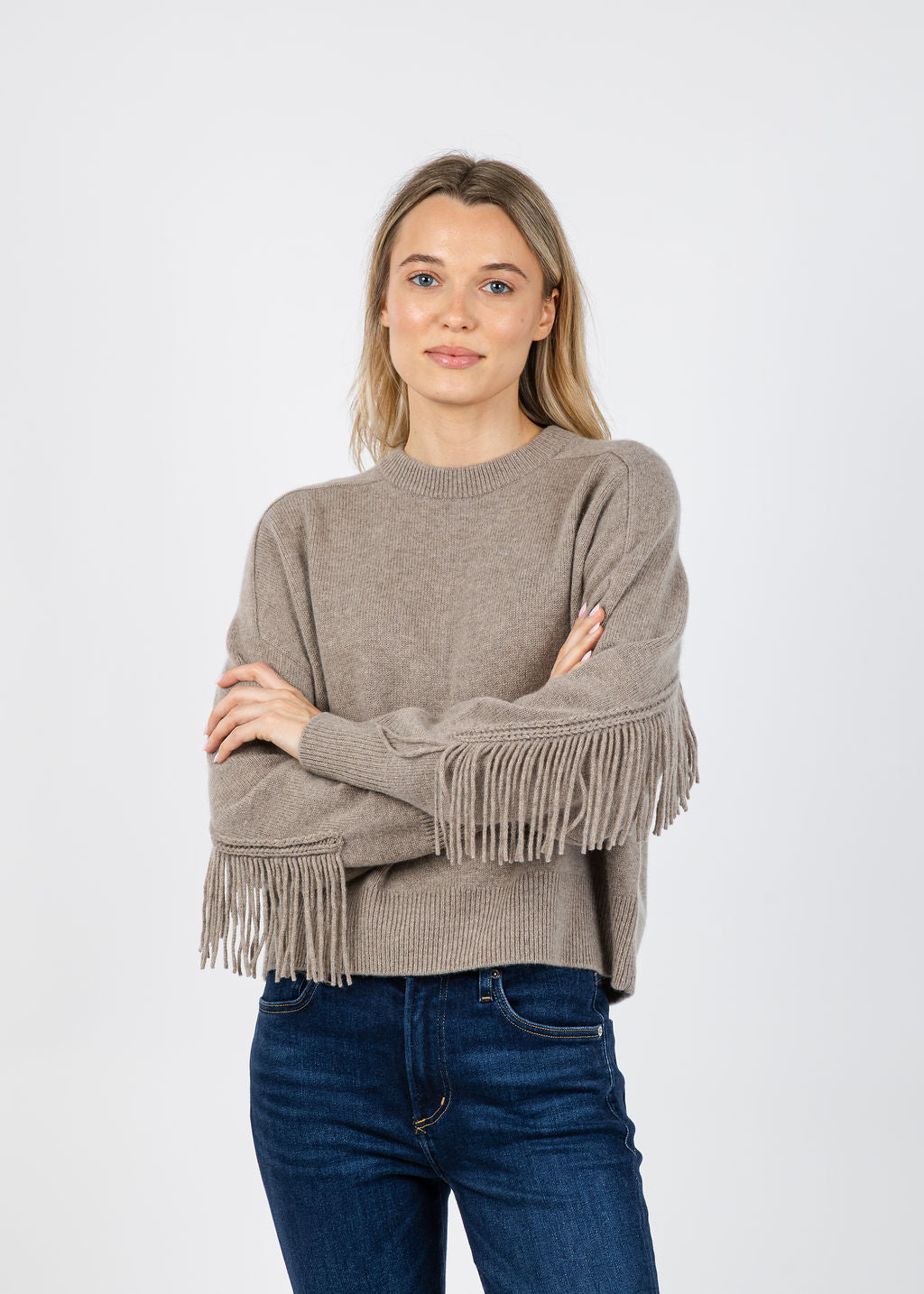 White + Warren Cashmere Blend Luxe Fringe Crew Sweater in Misty Brown available at Barbara Katz