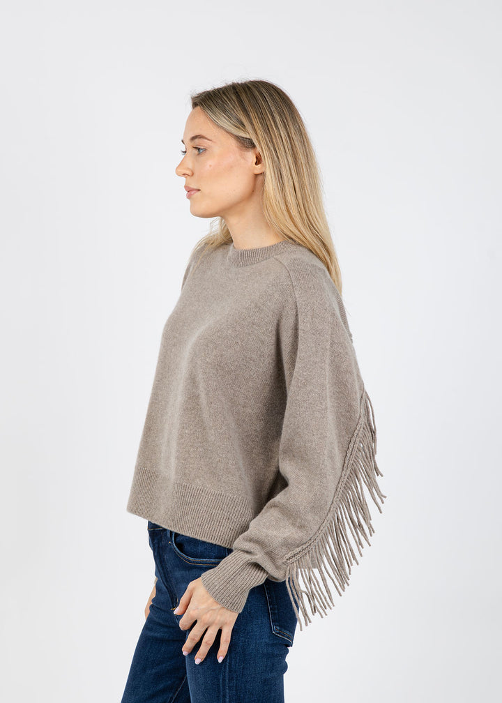 White + Warren Cashmere Blend Luxe Fringe Crew Sweater in Misty Brown available at Barbara Katz