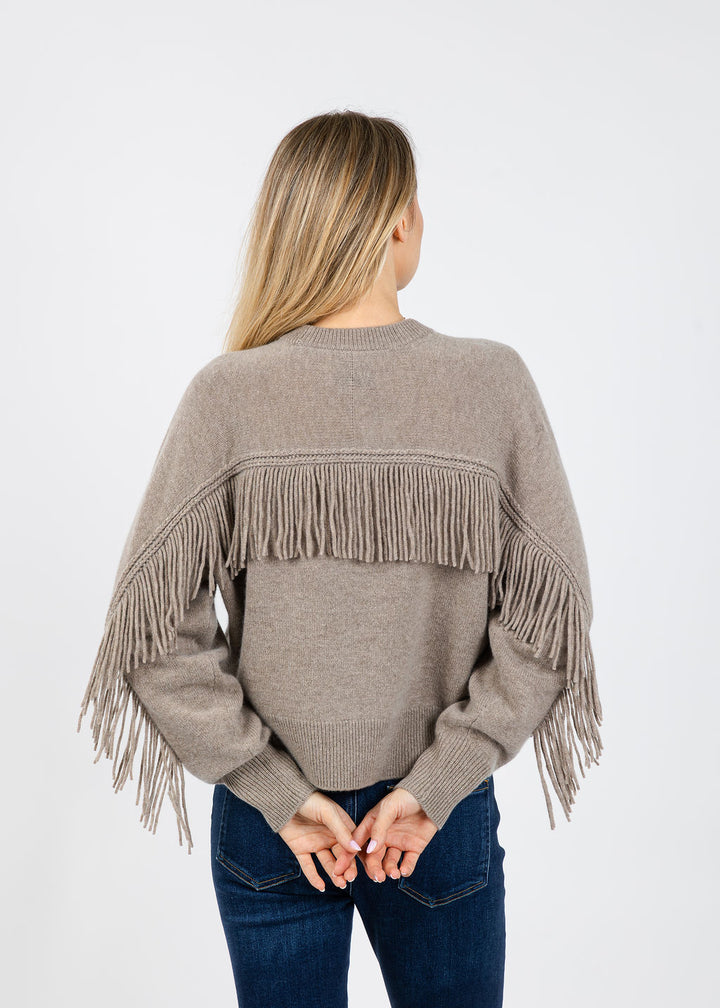 White + Warren Cashmere Blend Luxe Fringe Crew Sweater in Misty Brown available at Barbara Katz