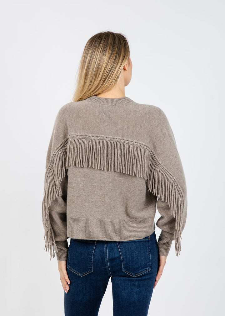 White + Warren Cashmere Blend Luxe Fringe Crew Sweater in Misty Brown available at Barbara Katz